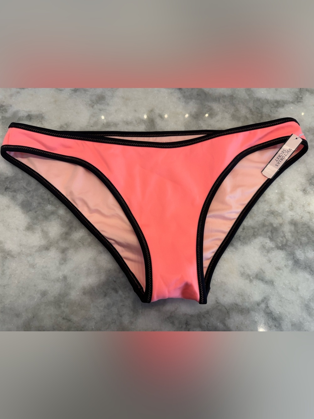 Victoria’s Secret Coral Bikini Bottom L Black Trim Sporty Minimal Cheeky
